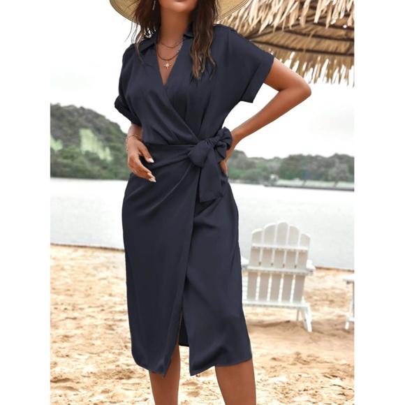 Navy Blue Satin Wrap Dress Side Tie Short Rolled Up Sleeves - Picture 4 of 7